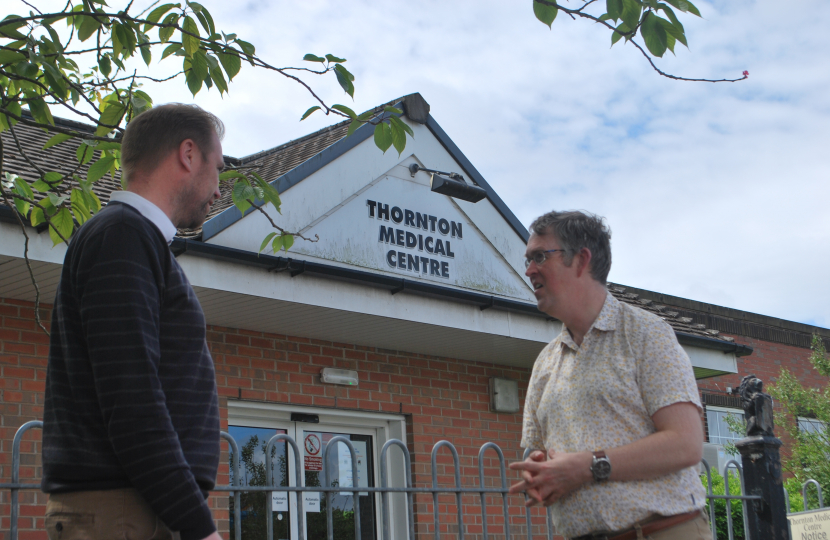 Paul Maynard MP with local Councillor Paul Ellison outside Thornton Medical Centre