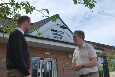 Paul Maynard MP with local Councillor Paul Ellison outside Thornton Medical Centre